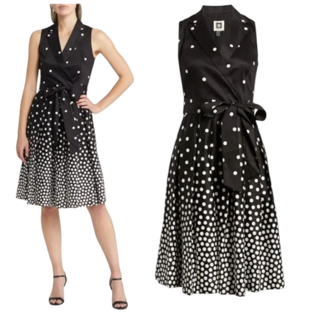 AnneKlein Cotton Fit Flare Faux Wrap Black White Polka Dot Midi Dress Us6 Medium